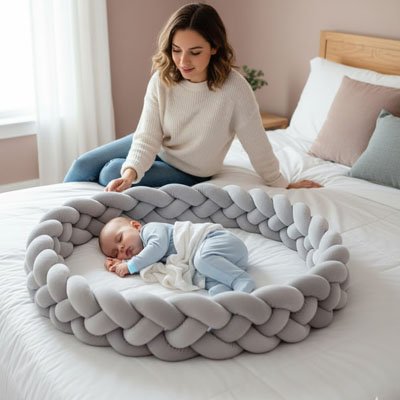 Assise dans son lit, une maman berce son bébé endormi, enveloppé par un tour de lit tressé.