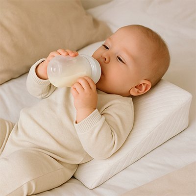 Bébé allongé sur le canapé, sur le dos, buvant son biberon sur un plan incliné bébé Anti-Reflux 15° DreamerBaby™ blanc