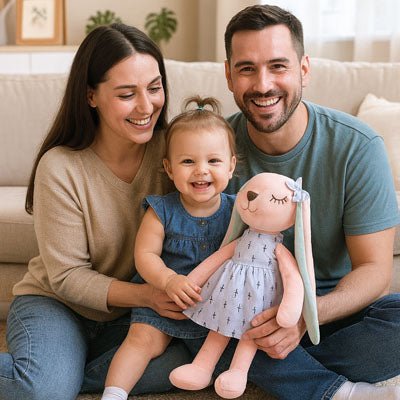 Les parents sont assis sur le tapis du salon, leur fille sur leurs genoux avec son doudou lapin, tous affichent un grand sourire.