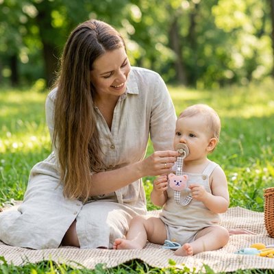 Maman assise dans le parc avec son bébé, qui met sa tétine dans la bouche, attachée avec un attache tetine à tête d’ours rose HugClip™
