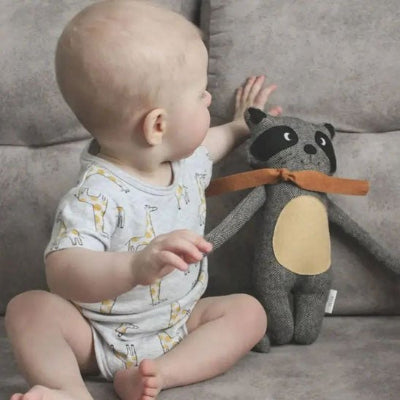 Bébé assis sur le canapé avec son doudou raton laveur