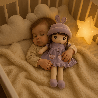 Bébé endormi dans le lit doudou bébé lili dans ses bras