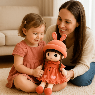 maman et fille sont dans le salon assissent sur le tapis et jouent avec le doudou bébé