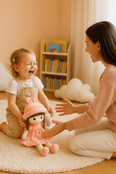maman et sa fille jouent avec le doudou bébé lili dans la chambre sur le tapis