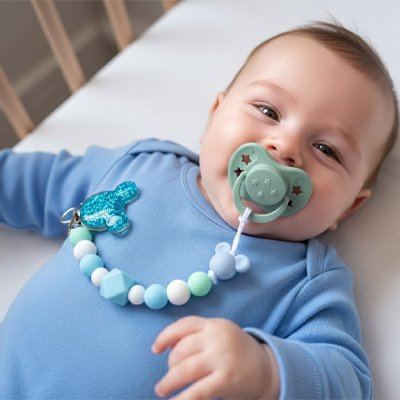Allongé, bébé sourit de tout son cœur derrière sa tétine reliée à son body par l'attaché tetine Biiikylip™ bleue