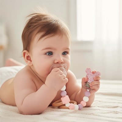 Allongé sur le ventre, bébé maintient sa tétine en bouche tout en tenant son attaché tetine Biiikylip™ rose de l'autre main