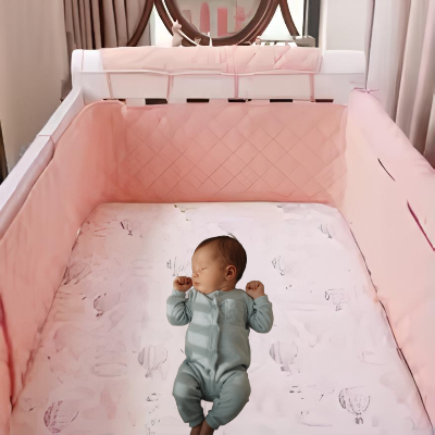 Allongée dans son lit, une fillette est enveloppée par un tour de lit bébé fille matelasse rose, un véritable cocon magique
