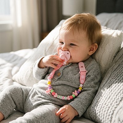 Assis dans le lit, bébé maintient sa tétine en bouche avec sa main ; elle est fixée à son vêtement par une attache tétine SnapLoop™ rose