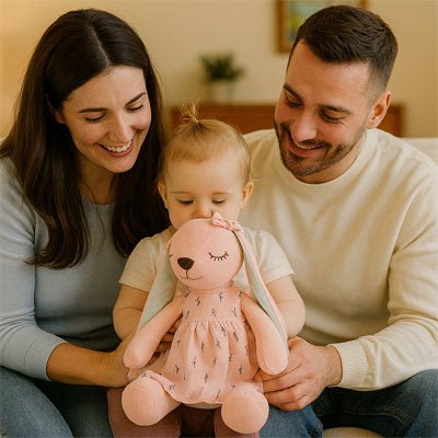 Assis dans le salon, les parents tiennent leur fille sur leurs genoux, don doudou lapin dans les mains, un grand sourire éclaire leurs visages