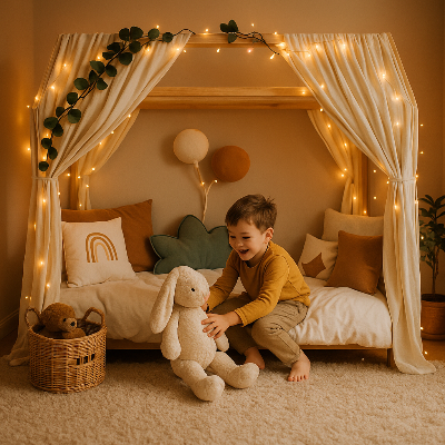Assis sur son lit cabane, le petit garçon tend la main pour attraper son doudou lapin tandis qu'au-dessus de lui flotte un ciel de lit cabane blanc cassé, suspendu, léger et apaisant