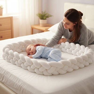 Assise dans son lit, une maman berce son bébé endormi, dans un lit bordé d’un tour de lit tressé. 