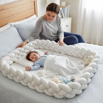 Assise dans son lit, une maman berce son bébé endormi dans un lit entouré d’un tour de lit tressé.