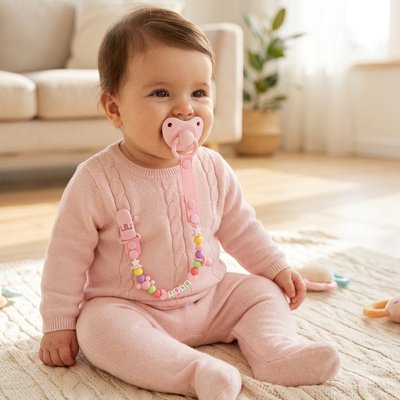  Assise sur le tapis, la petite fille a sa tétine bien fixée à ses habits grâce à son attache tétine SnapLoop™ rose