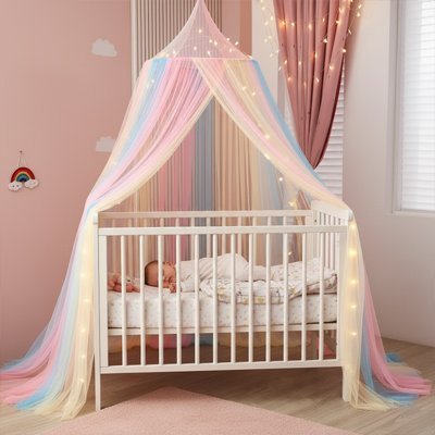 Au-dessus du lit, une moustiquaire ciel de lit bébé multicolore flotte délicatement, protégeant le bébé qui dort paisiblement dans son cocon de rêve.