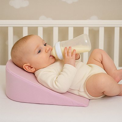 Bébé allongé dans son lit, sur le dos, buvant son biberon sur un plan incliné bébé Anti-Reflux 15° DreamerBaby™ rose