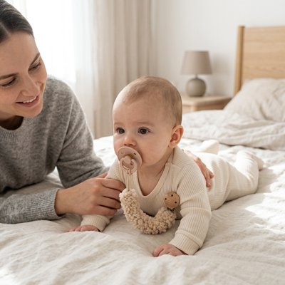 Bébé allongé sur le côté sur le lit près de sa maman ; sa tétine est reliée à son body par un attache sucette KindClip-M™