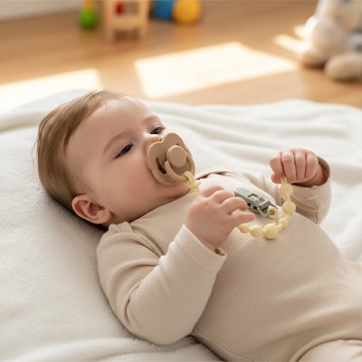 Bébé allongé sur le lit avec sa tétine dans la bouche, attachée avec un attache tetine en silicone de couleur jaune OoneyClip™ 