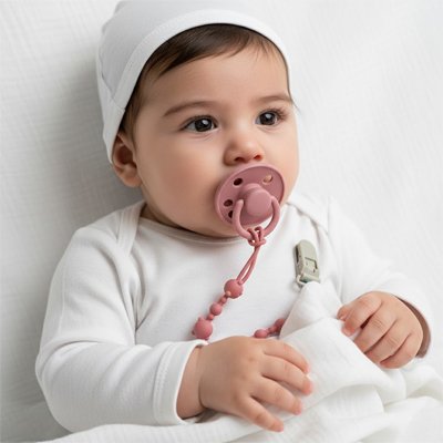 Bébé assis avec sa tétine dans la bouche, attachée avec un attache tetine en silicone de couleur rose OoneyClip™ 
