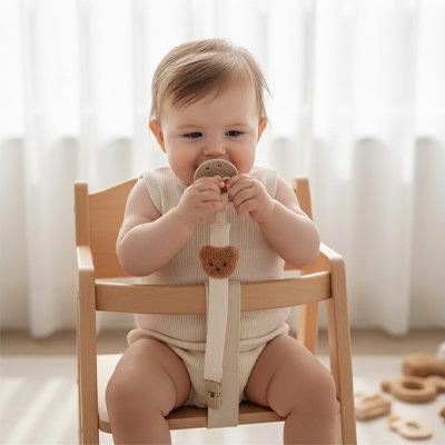 Bébé assis dans sa chaise avec son attache tetines, en forme de tête d’ours, de couleur blanche
