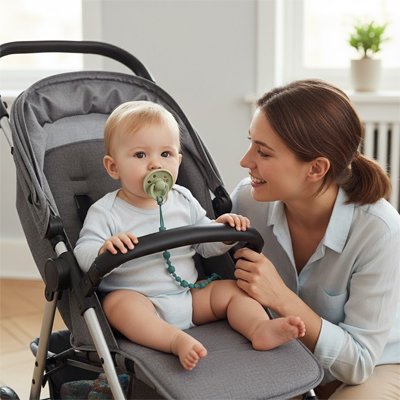 Bébé assis dans sa poussette, sa maman à ses côtés, avec sa tétine dans la bouche, attachée avec un attache tetine en silicone de couleur verte OoneyClip™
