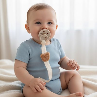 Bébé assis sur le lit avec son attache tetines, avec une tête d’ours, de couleur blanche.