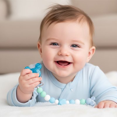 Bébé, avec un grand sourire, tient son attaché tetine Biiikylip™ bleue dans sa main