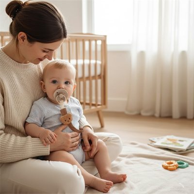 Bébé dans les bras de sa maman sur le tapis, tenant son attache tetines en forme de tête d’ours, de couleur brun.