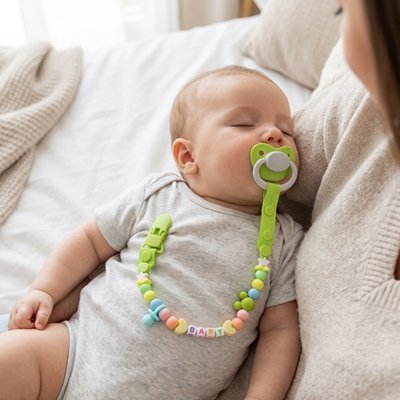 Bébé dort paisiblement dans les bras de sa maman, sa tétine bien accrochée à son body grâce à l'attache tétine SnapLoop™ verte