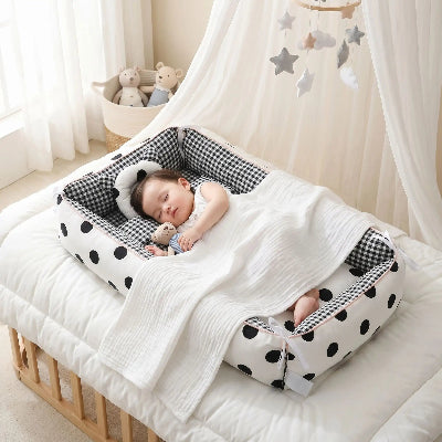 Bébé dort paisiblement dans son réducteur de lit bébé CoconÉvolutif™ à motifs dots, sous le voile de son ciel de lit