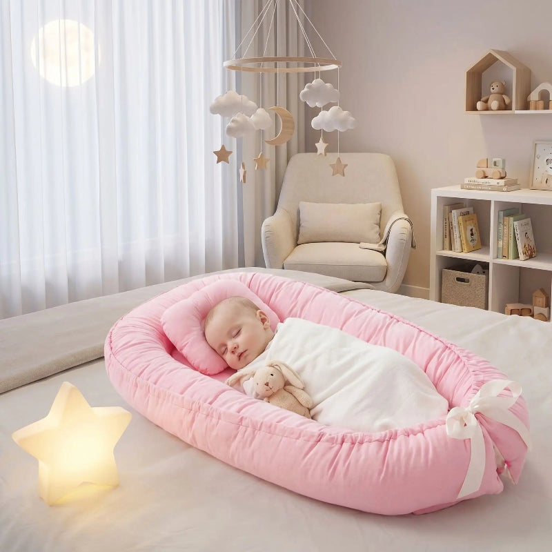  Bébé emmailloté et endormi dans son reducteur de lit bebe SlaapNestje™ rose, posé sur le grand lit. 