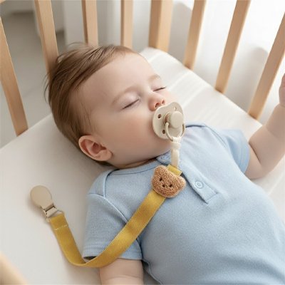 Bébé endormi dans son lit avec son attache tetines, en forme de tête d’ours, de couleur jaune