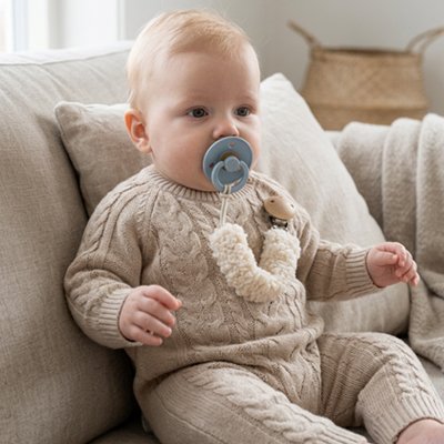 Bébé est assis sur le canapé, sa tétine dans la bouche, reliée à son body par un attache sucette KindClip-M™
