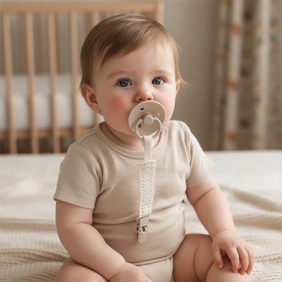 Bébé est assis sur le lit avec sa tétine dans la bouche, attachée par une attache tetines BeaClip