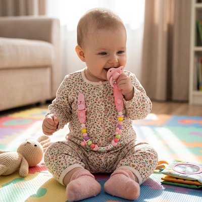 Bébé est assis sur le tapis avec ses jouets, sa tétine en bouche et attachée à son vêtement par un attache tétine SnapLoop™ rose