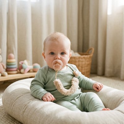  Bébé est assis, sa tétine dans la bouche, reliée à son body par un attache sucette KindClip-M™