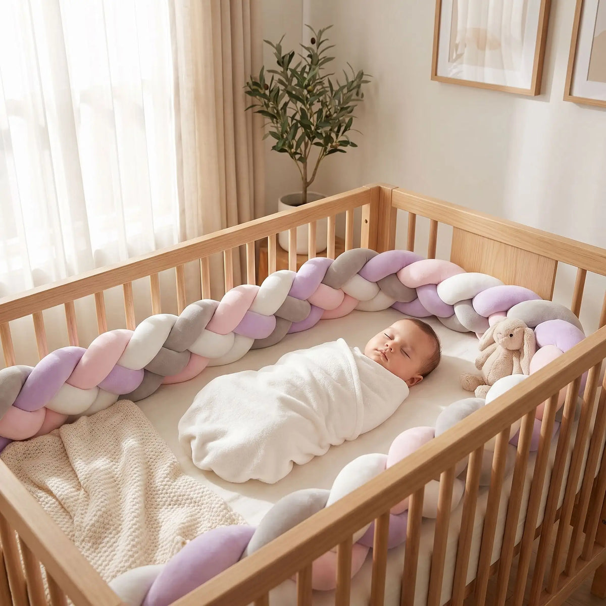 Bébé est endormi dans son lit, entouré par son tour de lit tresse neolia