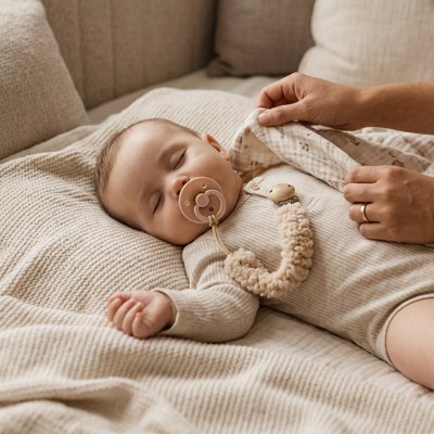 Bébé est endormi sur le lit, sa tétine toujours attachée à son body par l'attache sucette KindClip-M™