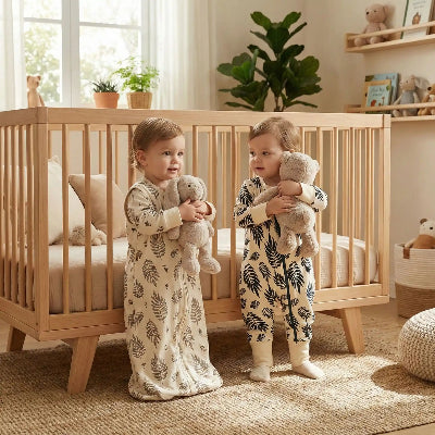 Deux jumeaux debout devant le lit, chacun avec son doudou : l’un porte une gigoteuse crème à feuilles marron, l’autre une gigoteuse à pieds crème à feuilles noires