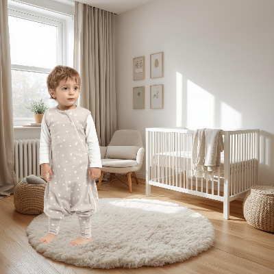Enfant debout sur un tapis rond dans sa chambre, vêtu d’une gigoteuse beige parsemée d’étoiles