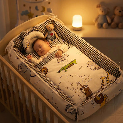 Enfant endormi dans son réducteur de lit pour bébé InfantSleep™ au design savane, sous la lumière de sa veilleuse.