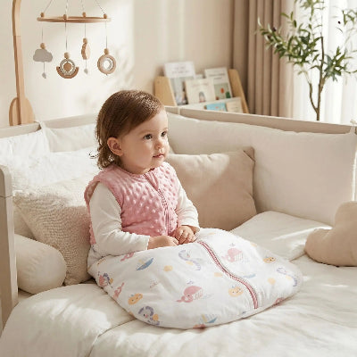 Fillette assis sur un lit, portant une gigoteuse bebe hiver rose et blanche au motif Monde sous-marin 