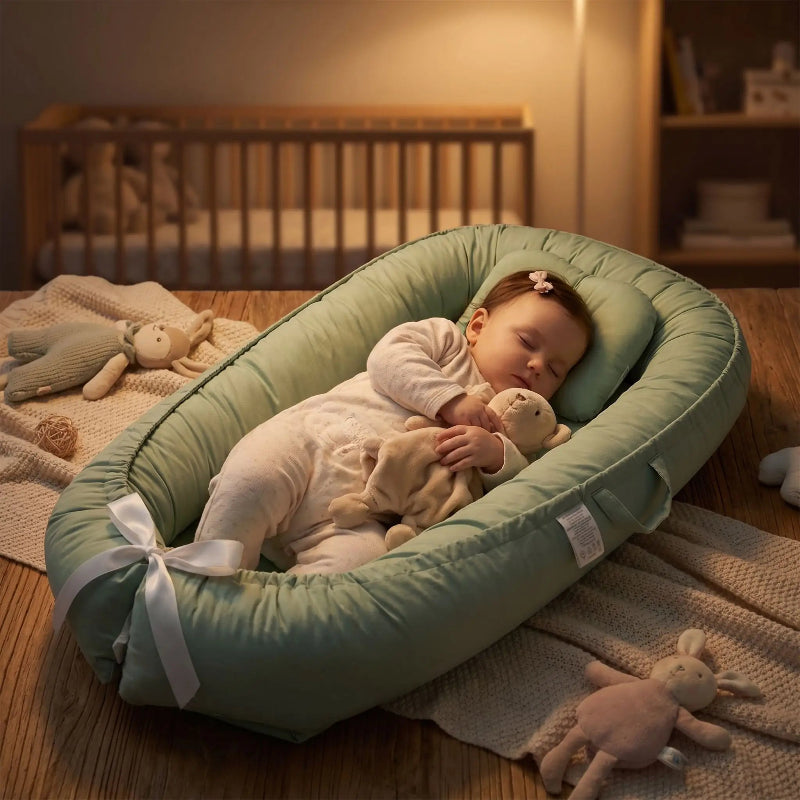  Fillette endormie dans son reducteur de lit bebe SlaapNestje™ vert, serrant son doudou contre sa poitrine sous une lumière tamisée