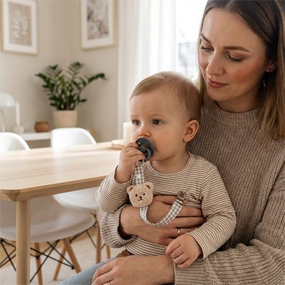 Maman assise sur une chaise avec son bébé sur ses genoux, qui tient sa tétine dans la bouche, attachée avec un attache tetine à tête d’ours beige HugClip™ 