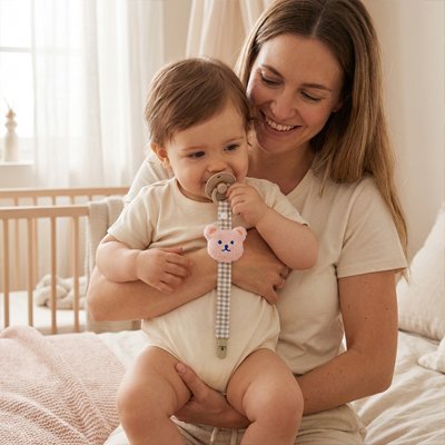Maman assise sur le lit avec son bébé, sa tétine dans la bouche, attachée avec un attache tetine à tête d’ours rose HugClip™ 