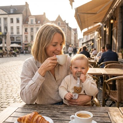 Maman passe un bon moment au café avec son bébé sur ses genoux, sa tétine dans la bouche, attachée à un attache tetine en forme de tête d’ours brune HugClip™ 