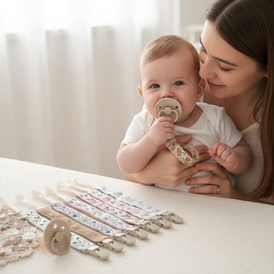  Maman tient son bébé qui a sa tétine dans la bouche. Sur la table devant eux, il y a des attache tetines BeaClip