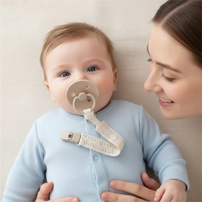 Maman tient son bébé en souriant, avec sa tétine attachée par une attache tetines BeaClip