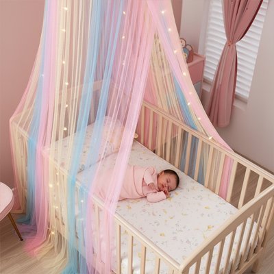 Moustiquaire ciel de lit bébé multicolore, suspendue au-dessus du lit où le bébé dort paisiblement
