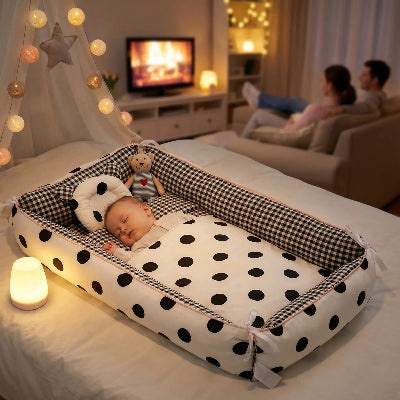 Pendant que bébé dort paisiblement dans son réducteur de lit bébé CoconÉvolutif™ à motifs dots, pendant que ses parents profitent d'un moment télé.