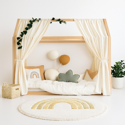 Suspendu au-dessus du lit, le ciel de lit cabane blanc cassé apporte une touche de légèreté et de rêve à l'espace nuit